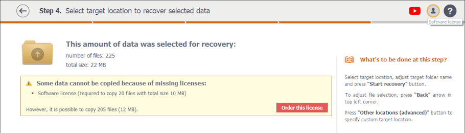 opción para añadir licencias en interfaz del programa raise data recovery